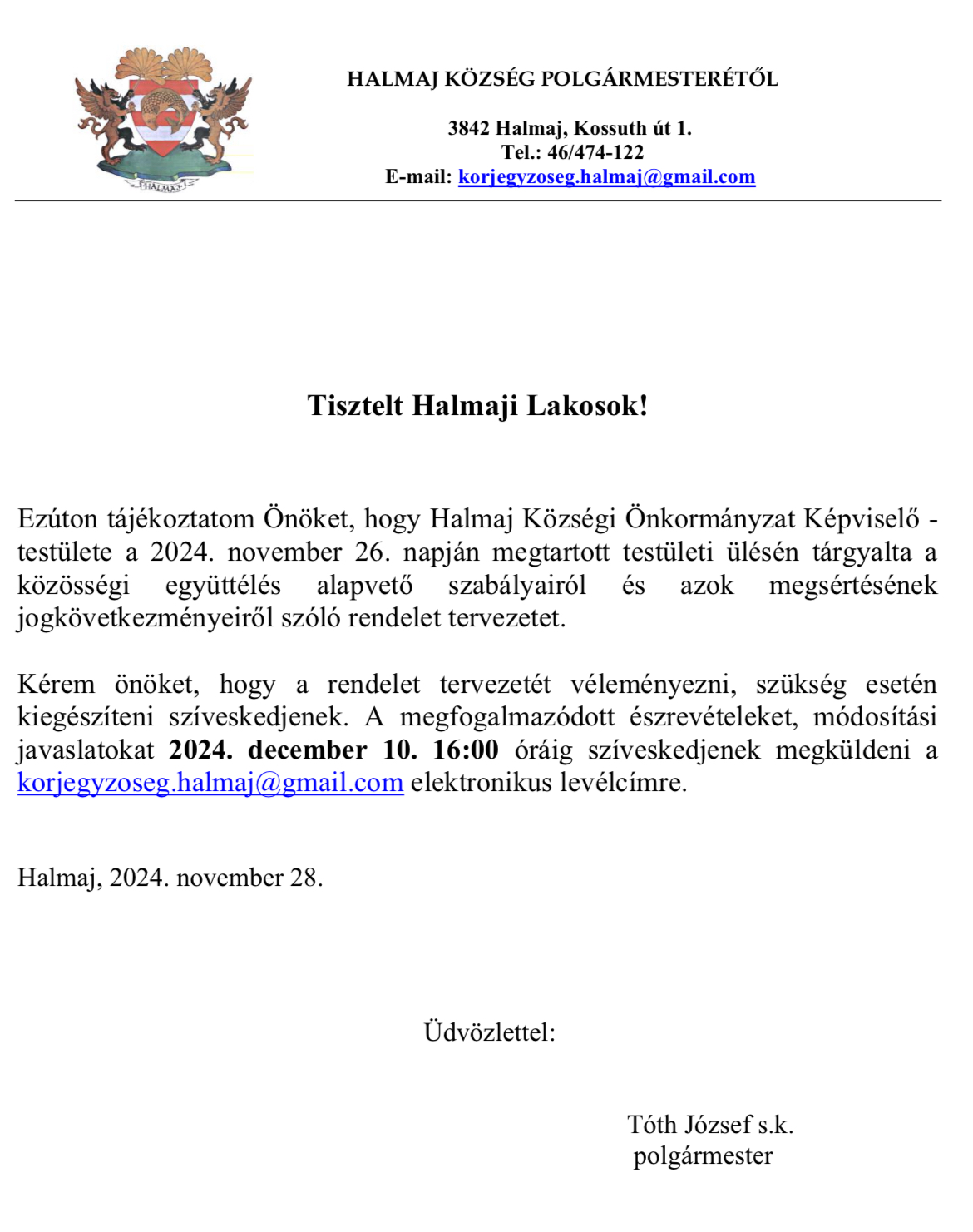 Hírek | Halmaj Község Honlapja